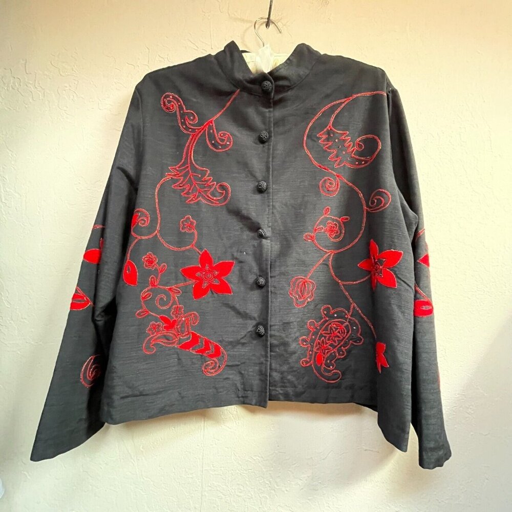 Half Moon Bay Womens Mandarin Collar Jacket Embroidered Size XL Black Red Lined